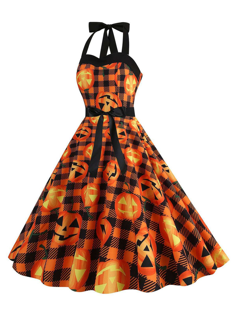 Robe dos nu à motif de citrouille pour Halloween des années 1950