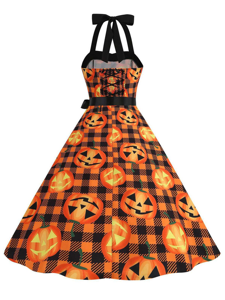 Robe dos nu à motif de citrouille pour Halloween des années 1950