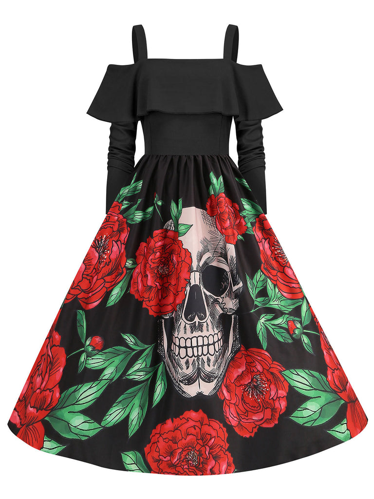 Robe noire à épaules dénudées de roses et de crânes des années 1950