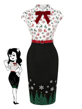 Robe crayon noire motif sapin de Noël renne flocon de neige années 1960