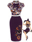 [Prévente] Robe violette coupe ajustée ceinture col montant et motif œil façon Halloween années 60