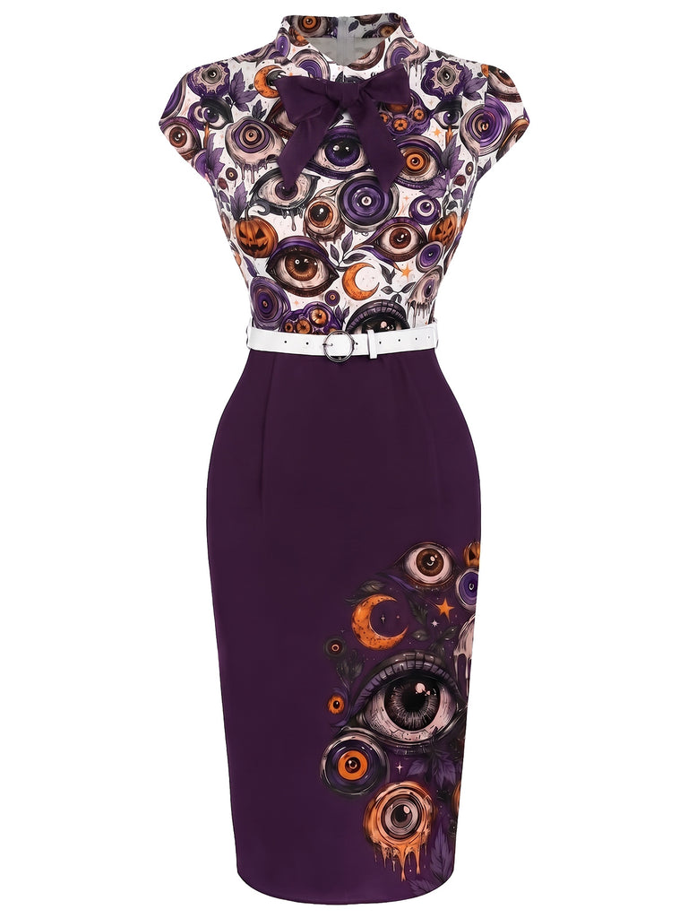 [Prévente] Robe violette coupe ajustée ceinture col montant et motif œil façon Halloween années 60