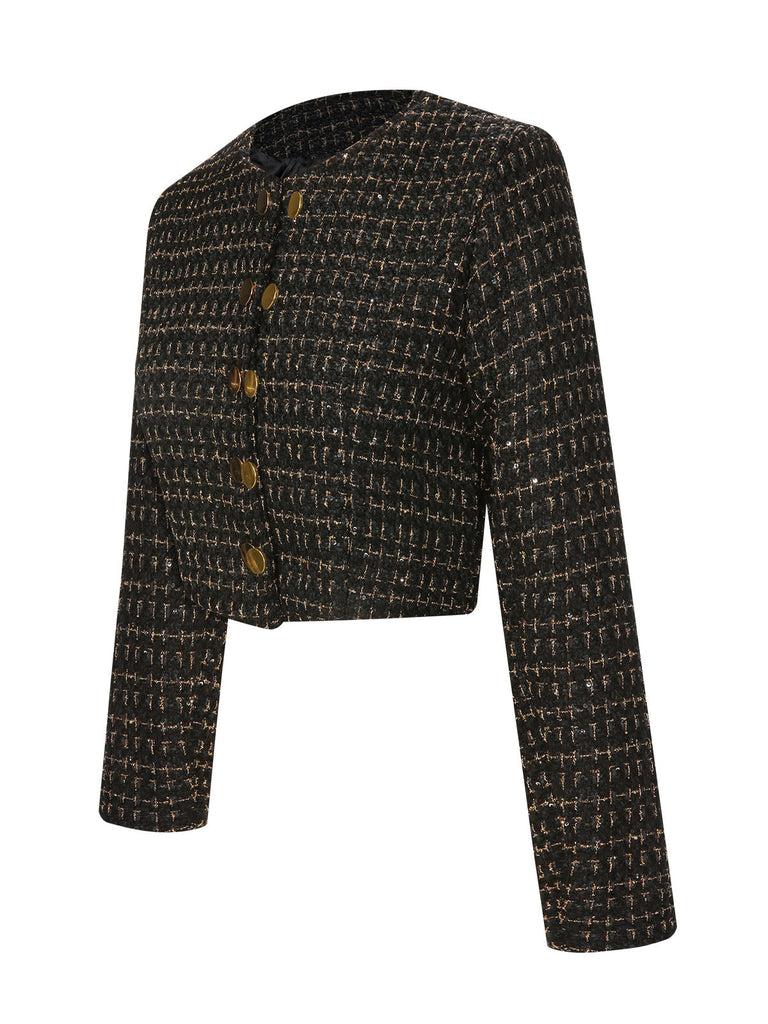 Manteau court à manches longues en tweed boutonné des années 1960