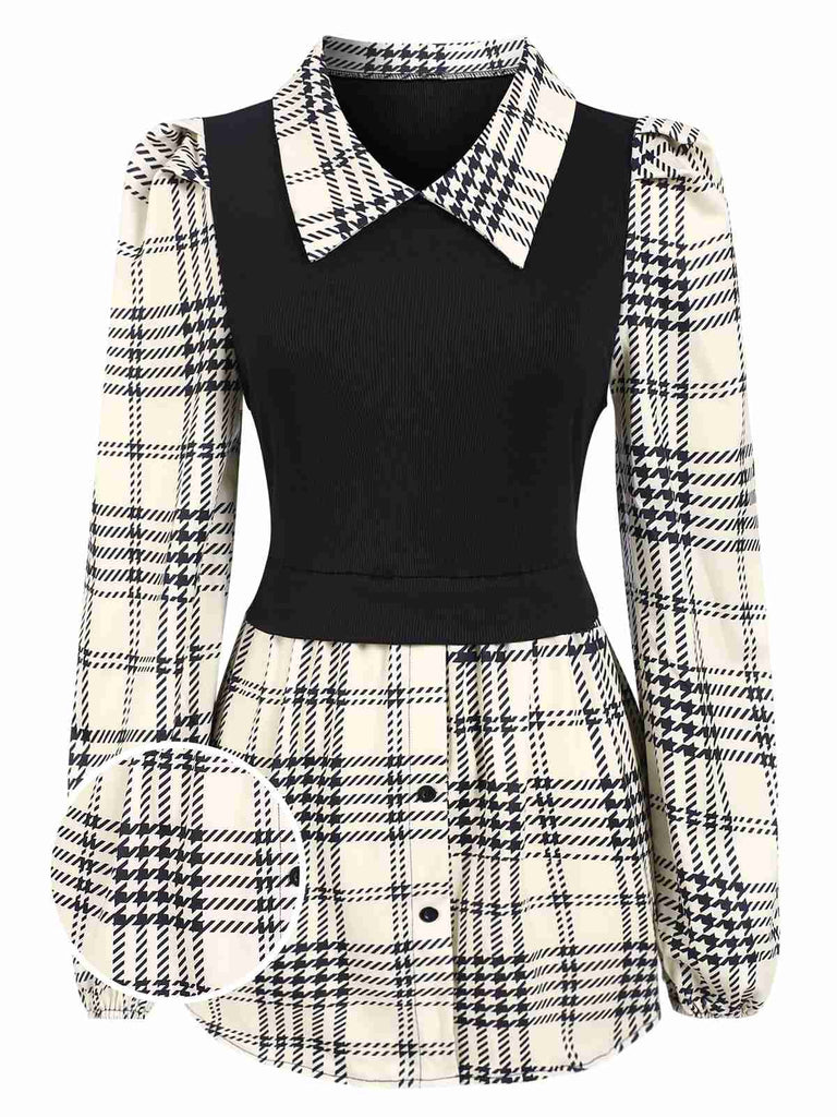 Chemise longueur hanches patchwork à carreaux beige et noir des années 1930