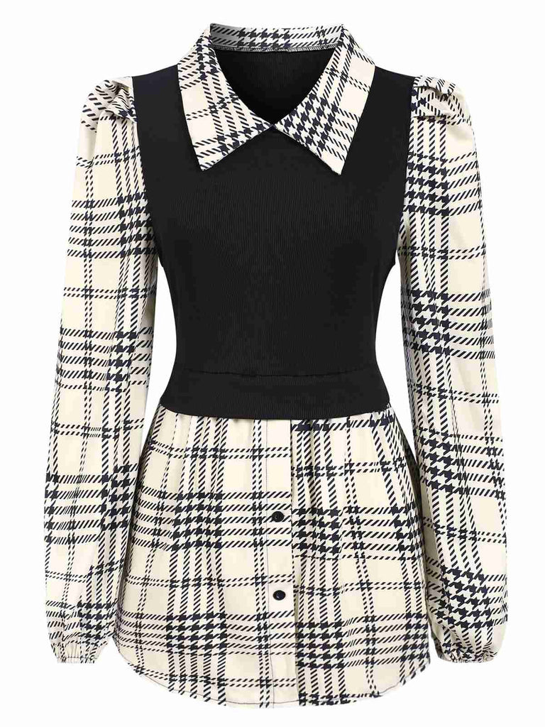 Chemise longueur hanches patchwork à carreaux beige et noir des années 1930
