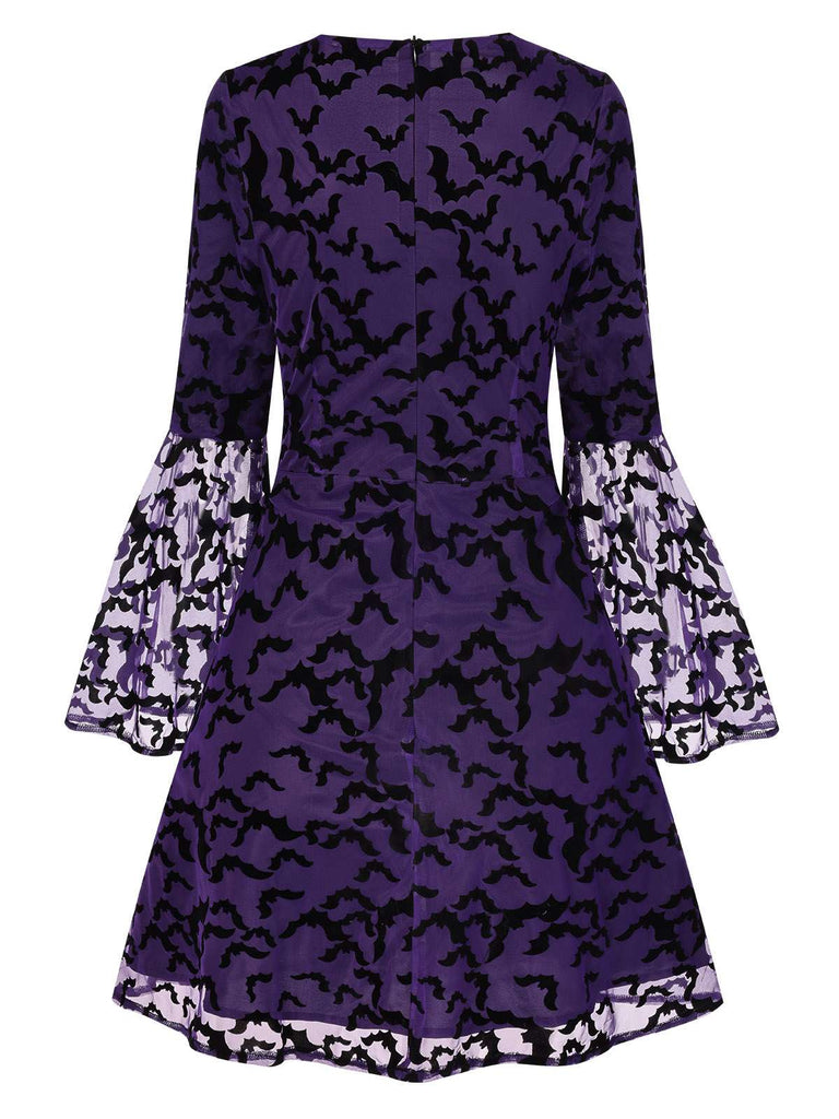 Robe violette à manches volants maille chauve-souris des années 1960