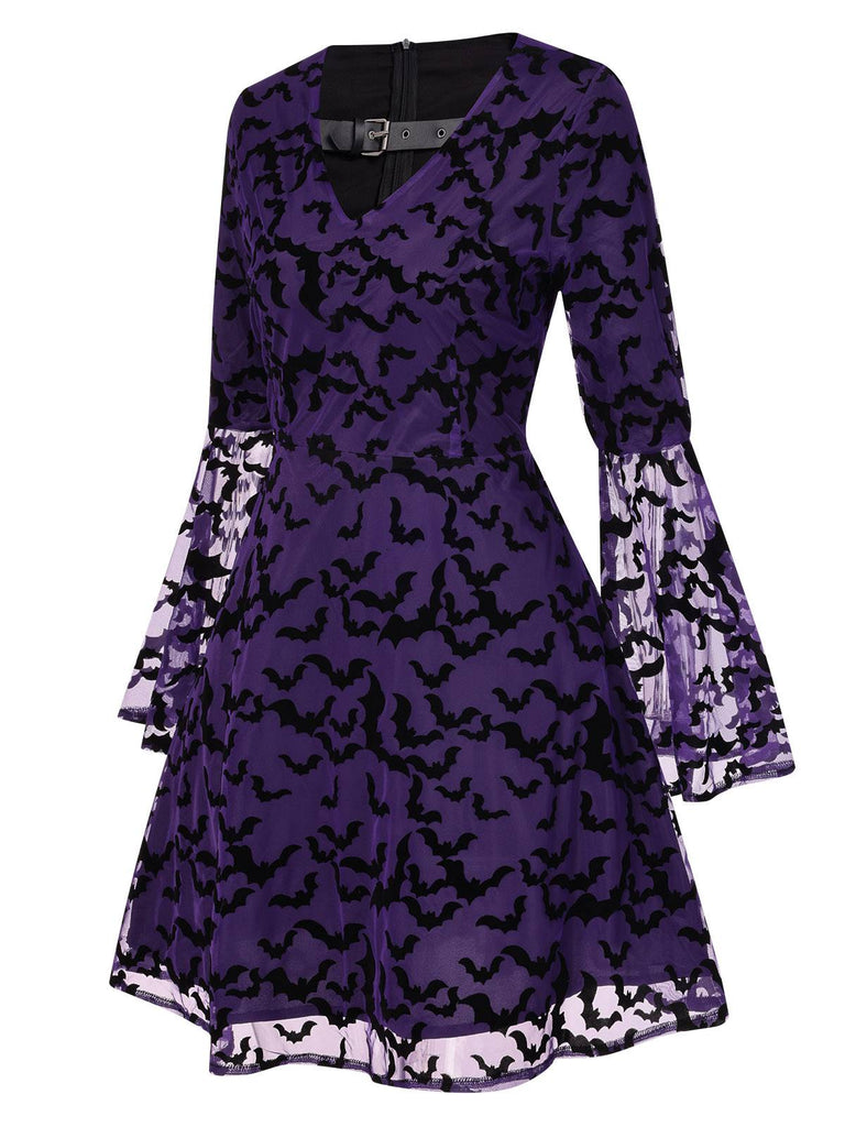 Robe violette à manches volants maille chauve-souris des années 1960