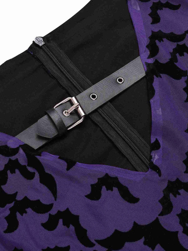 Robe violette à manches volants maille chauve-souris des années 1960
