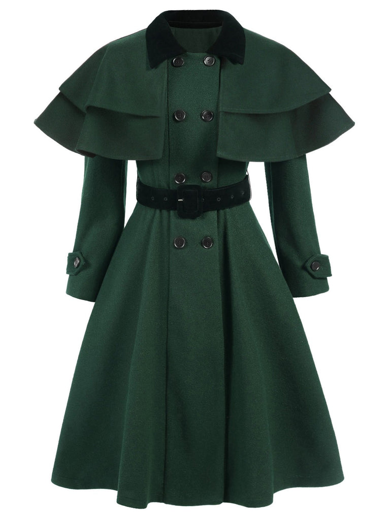 Manteau croisé vert avec ceinture et cape des années 1930