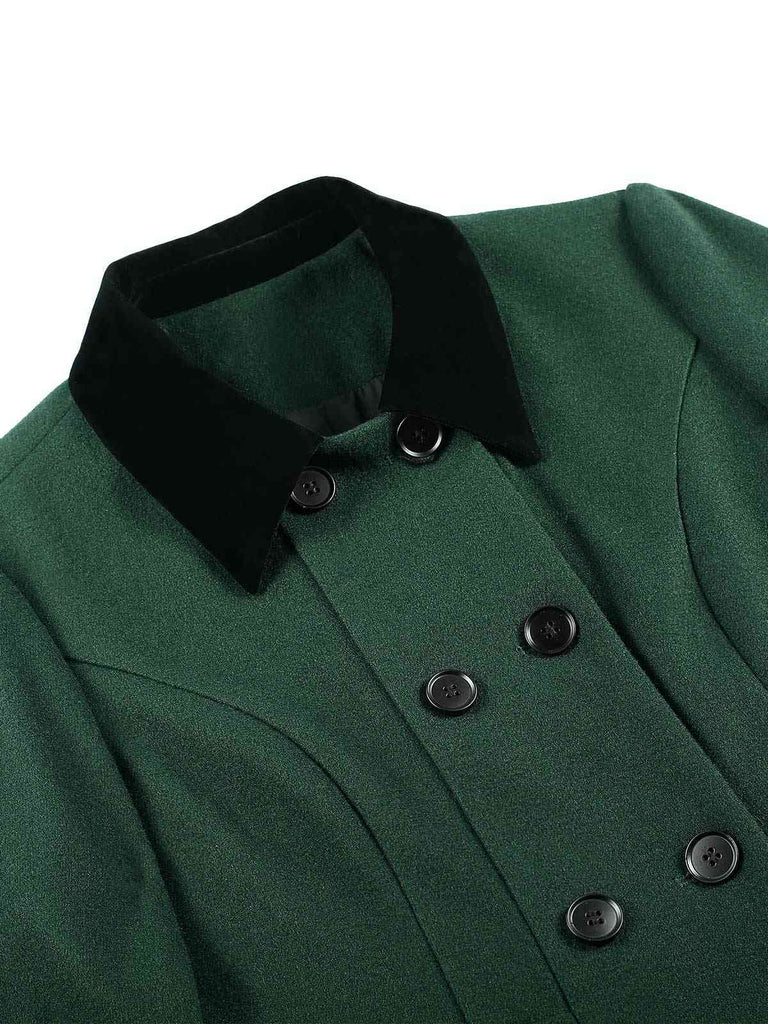 Manteau croisé vert avec ceinture et cape des années 1930