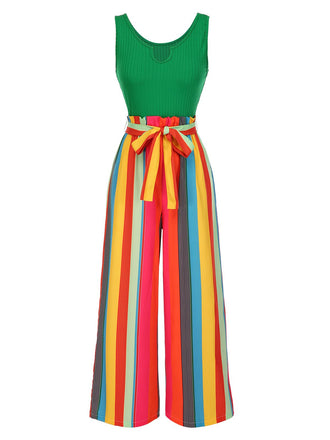 Combinaison en tricot à rayures verte des années 1950 avec ceinture