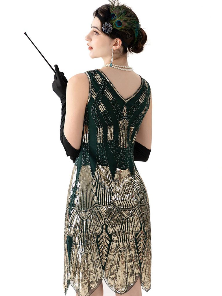 Robe à paillettes vert foncé à col en V des années 1920