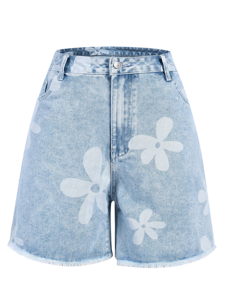 Short en jean bleu clair à ourlet brut et motif fleuri des années 1950