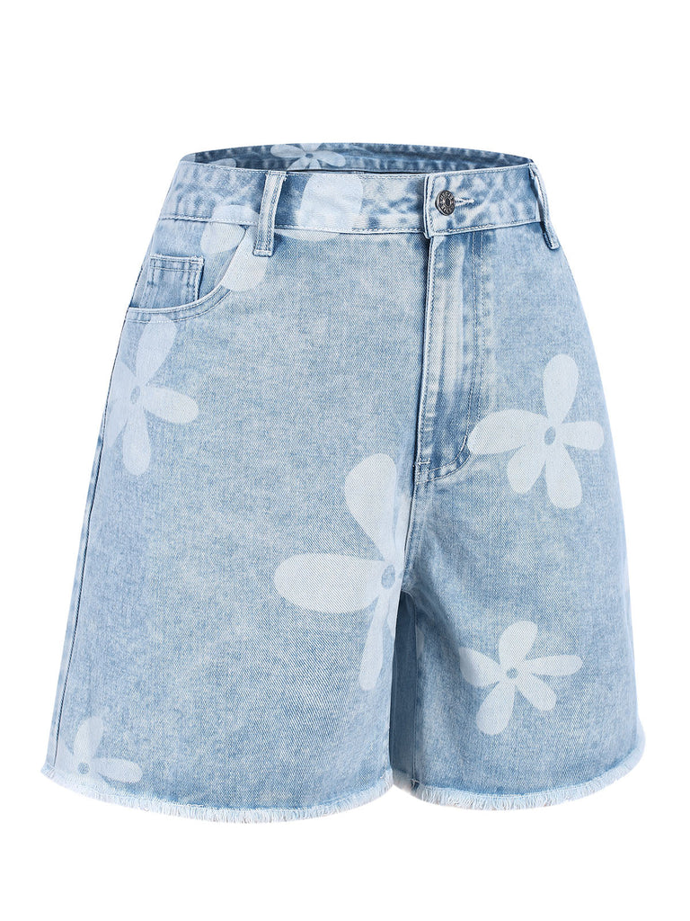 Short en jean bleu clair à ourlet brut et motif fleuri des années 1950