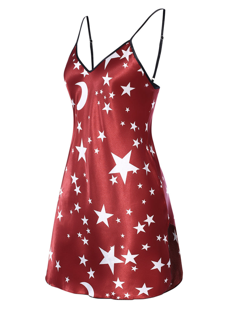 Chemise de nuit rouge à bretelles spaghetti lune et étoiles des années 1960