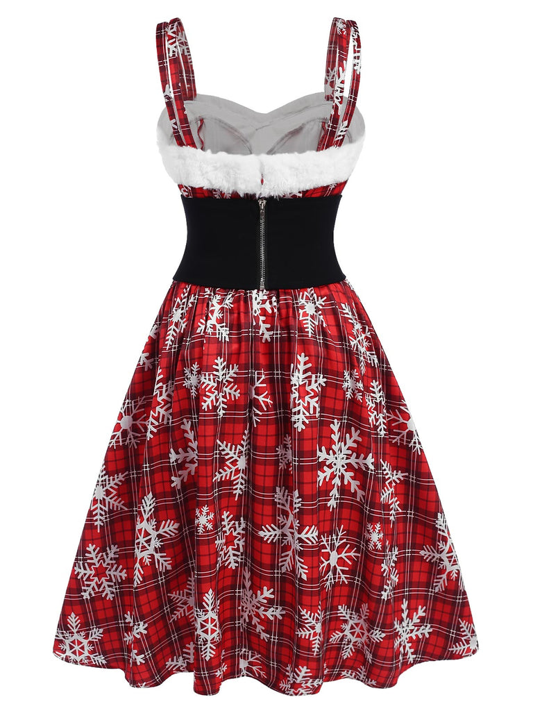 Robe rouge à carreaux bordure en peluche flocon de neige des années 1950