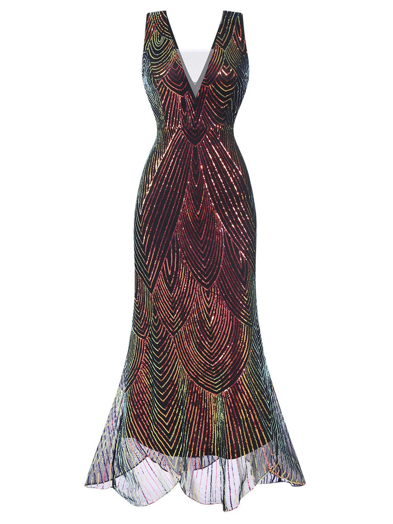 Robe de sirène à paillettes multicolores à col en V des années 1920