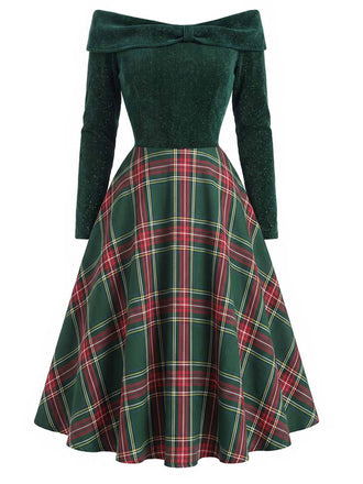 Robe de Noël verte à épaules dénudées en tartan des années 1950