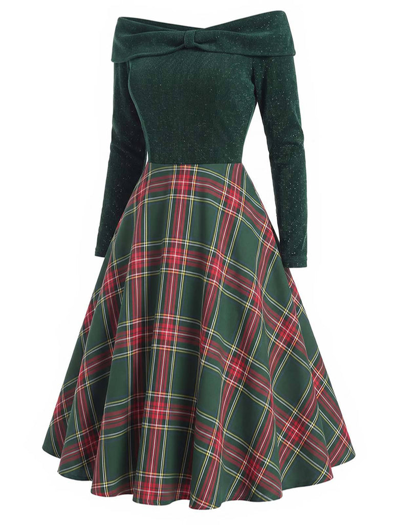 Robe de Noël verte à épaules dénudées en tartan des années 1950