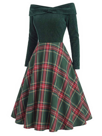 Robe de Noël verte à épaules dénudées en tartan des années 1950
