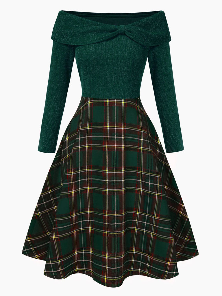 Robe de Noël verte à épaules dénudées en tartan des années 1950