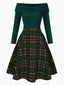 Robe de Noël verte à épaules dénudées en tartan des années 1950