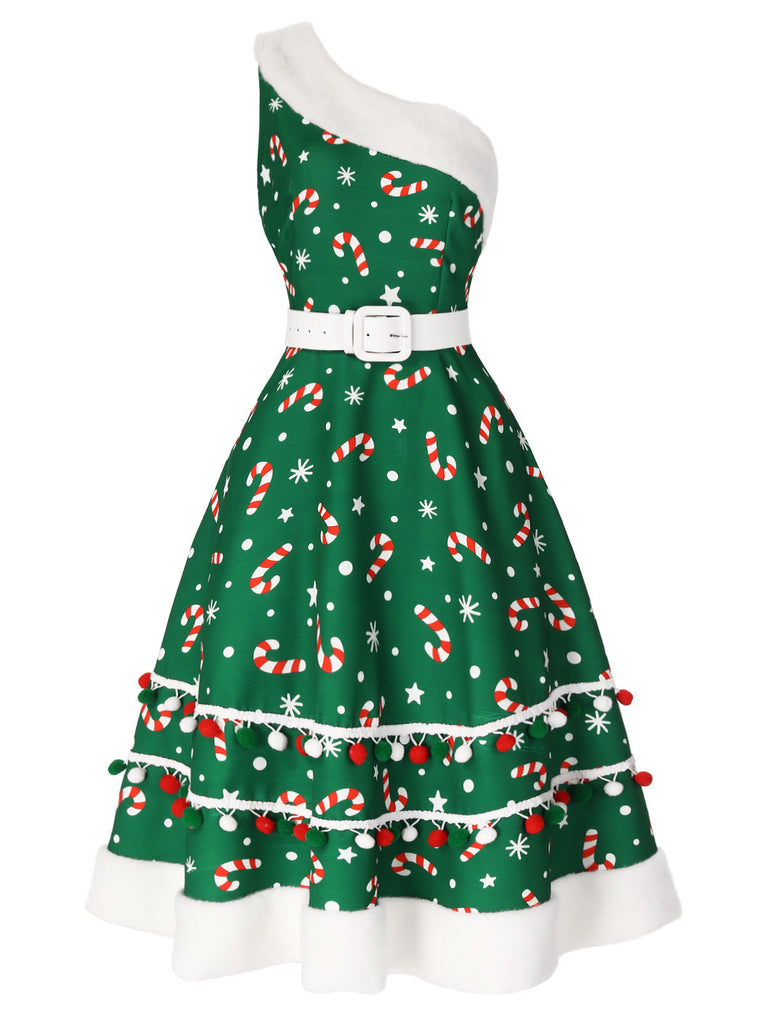 Robe une épaule verte en sucre d'orge des années 1950