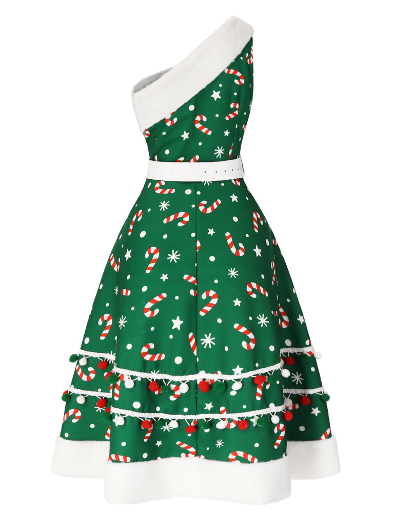 Robe une épaule verte en sucre d'orge des années 1950