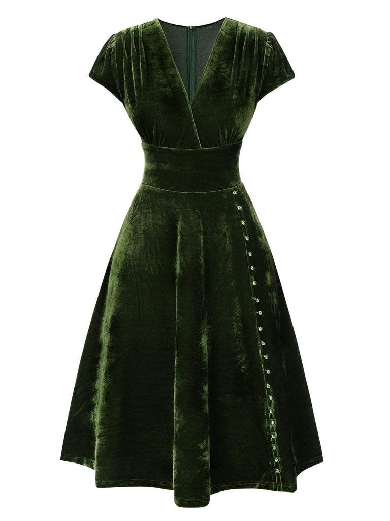 [Pré-vente] Robe verte en velours perlé à col en V des années 40