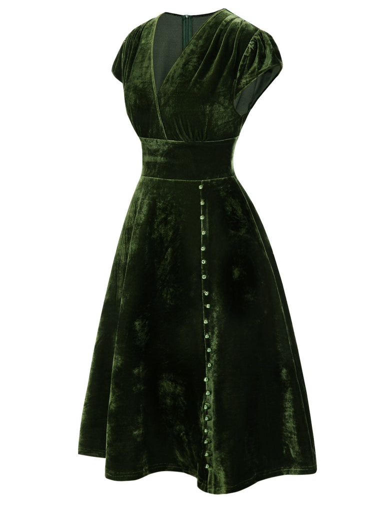 [Pré-vente] Robe verte en velours perlé à col en V des années 40