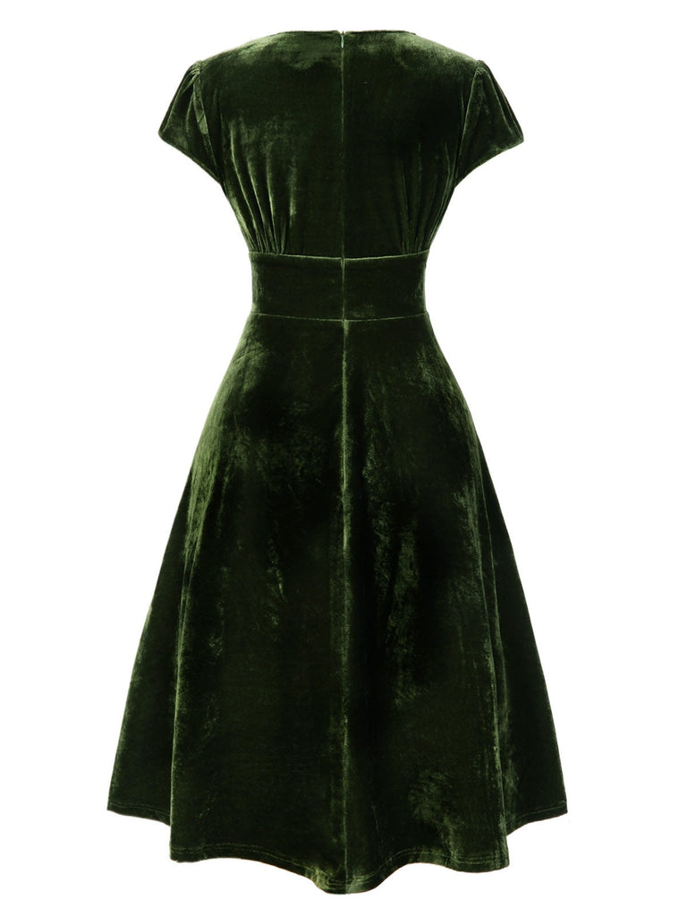 [Pré-vente] Robe verte en velours perlé à col en V des années 40