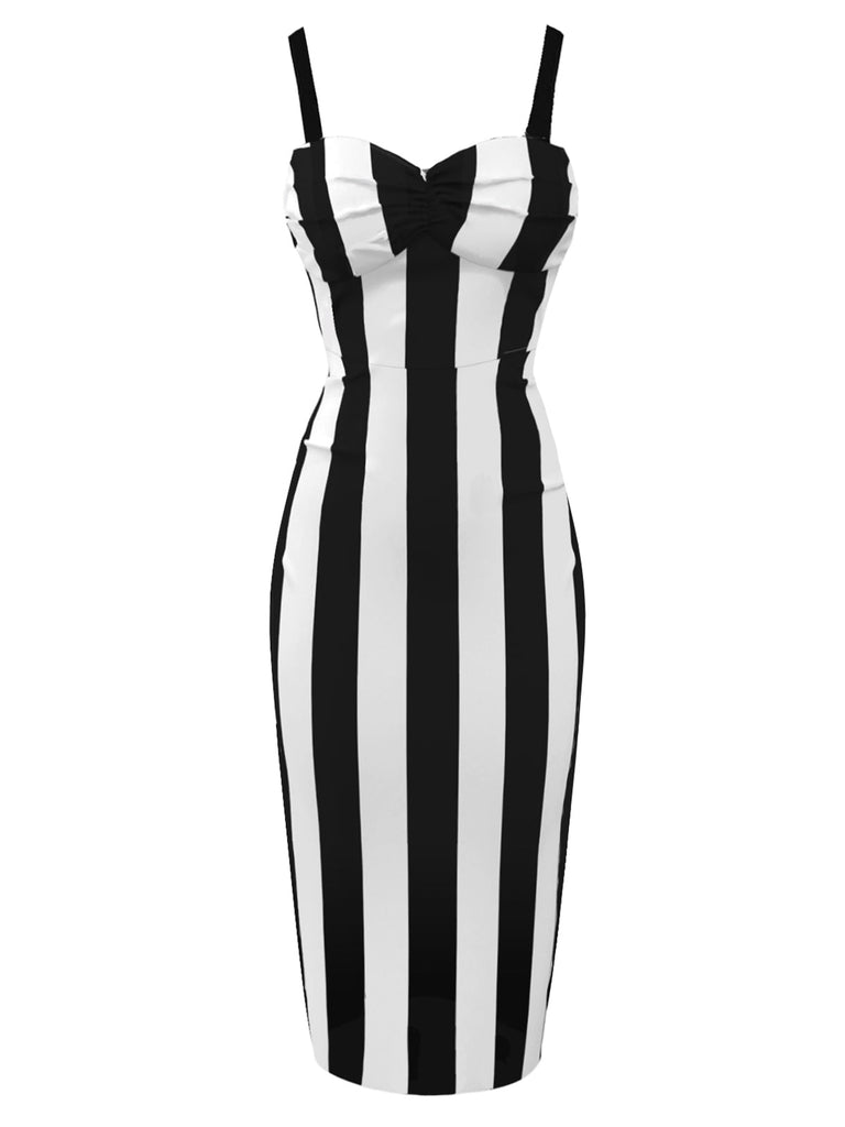 [Prévente] Robe crayon rose et noire à bretelles à rayures verticales des années 1960