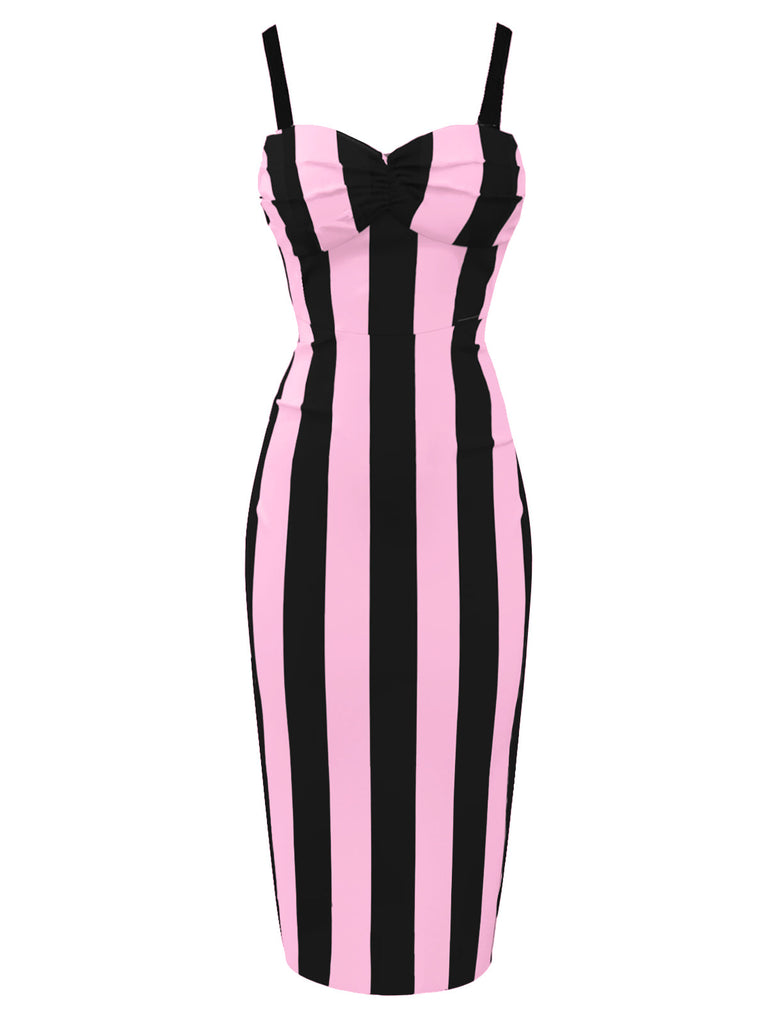 [Prévente] Robe crayon rose et noire à bretelles à rayures verticales des années 1960
