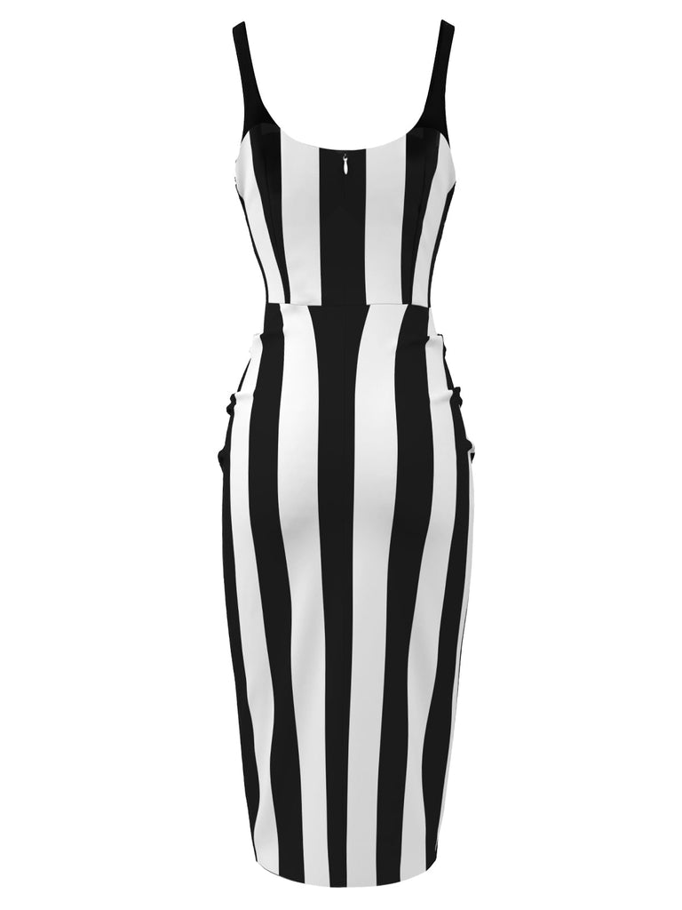 [Prévente] Robe crayon rose et noire à bretelles à rayures verticales des années 1960