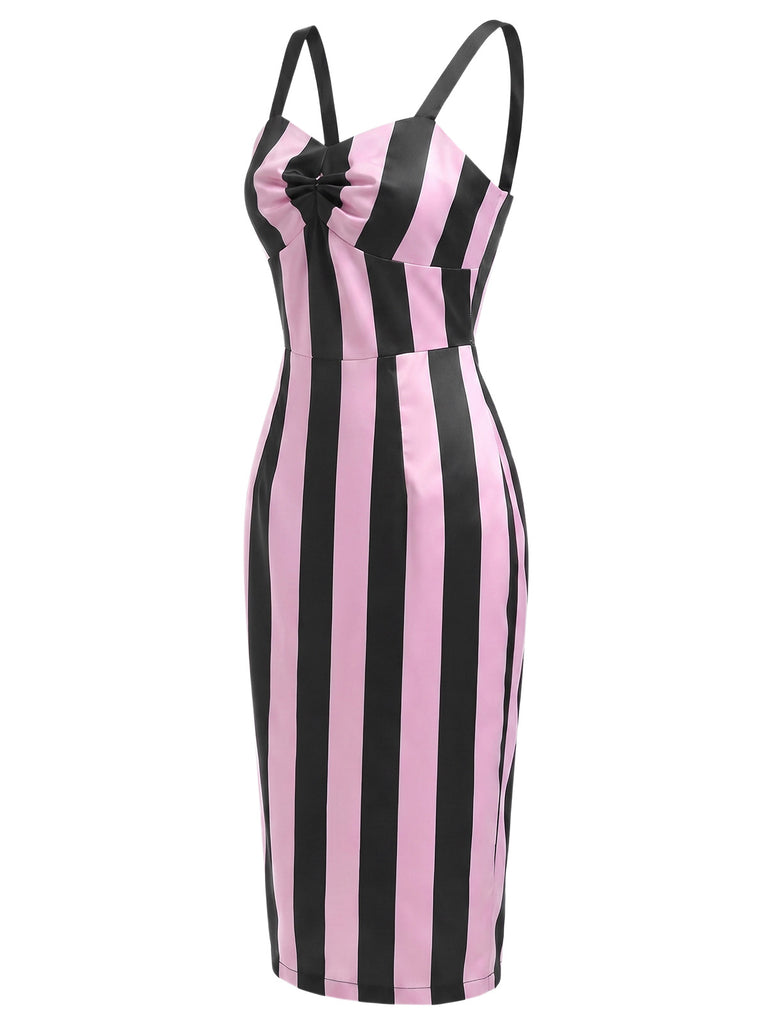 Robe crayon noire à bretelles à rayures verticales des années 1960