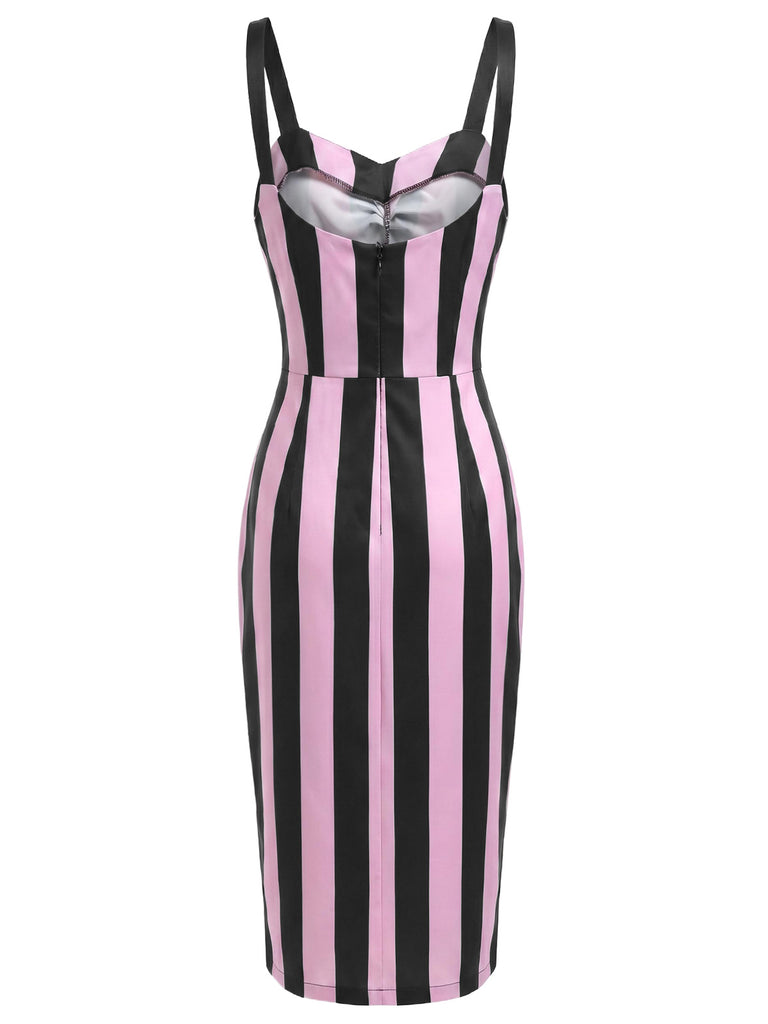 Robe crayon noire à bretelles à rayures verticales des années 1960