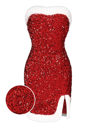 Robe bandeau rouge à paillettes et bordure en peluche des années 1960