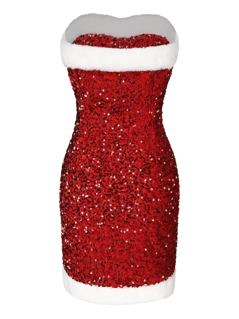 Robe bandeau rouge à paillettes et bordure en peluche des années 1960