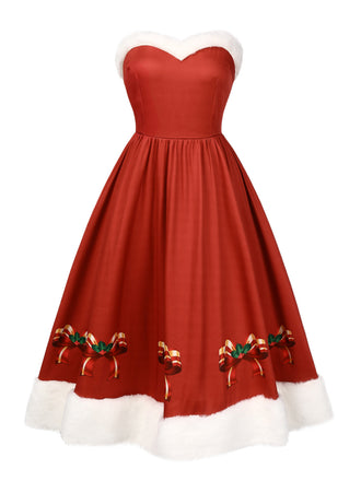 Robe rouge de Noël avec bordure en peluche et nœud des années 1950