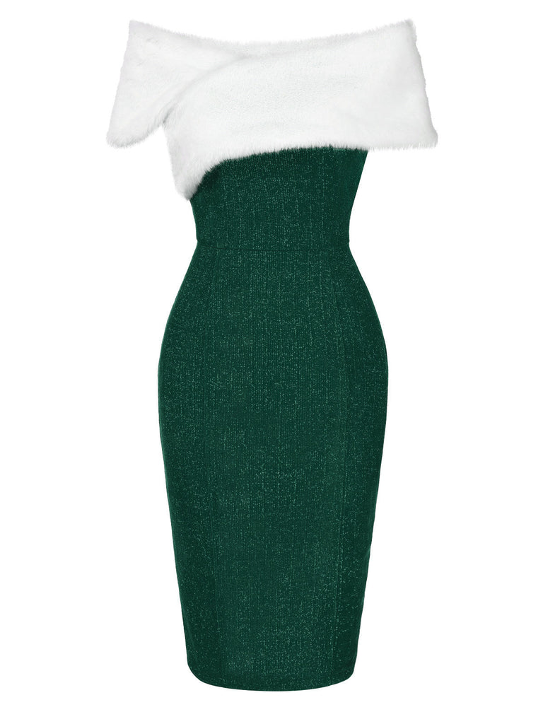 Robe à épaules dénudées col en fausse fourrure verte des années 1960