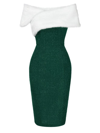 Robe à épaules dénudées col en fausse fourrure verte des années 1960