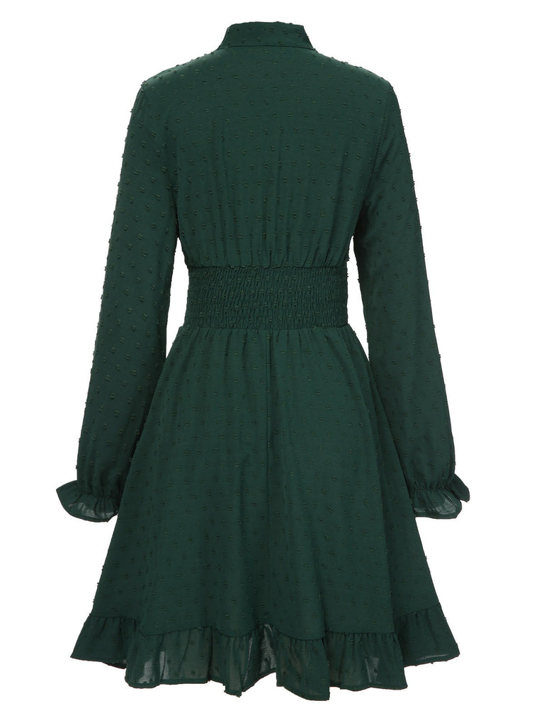 Robe verte à col en nœud texturé uni des années 1940