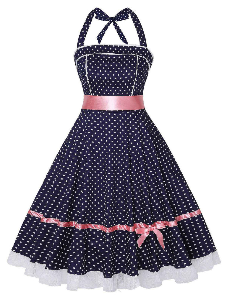 Robe dos nu à pois bleu marine des années 1950