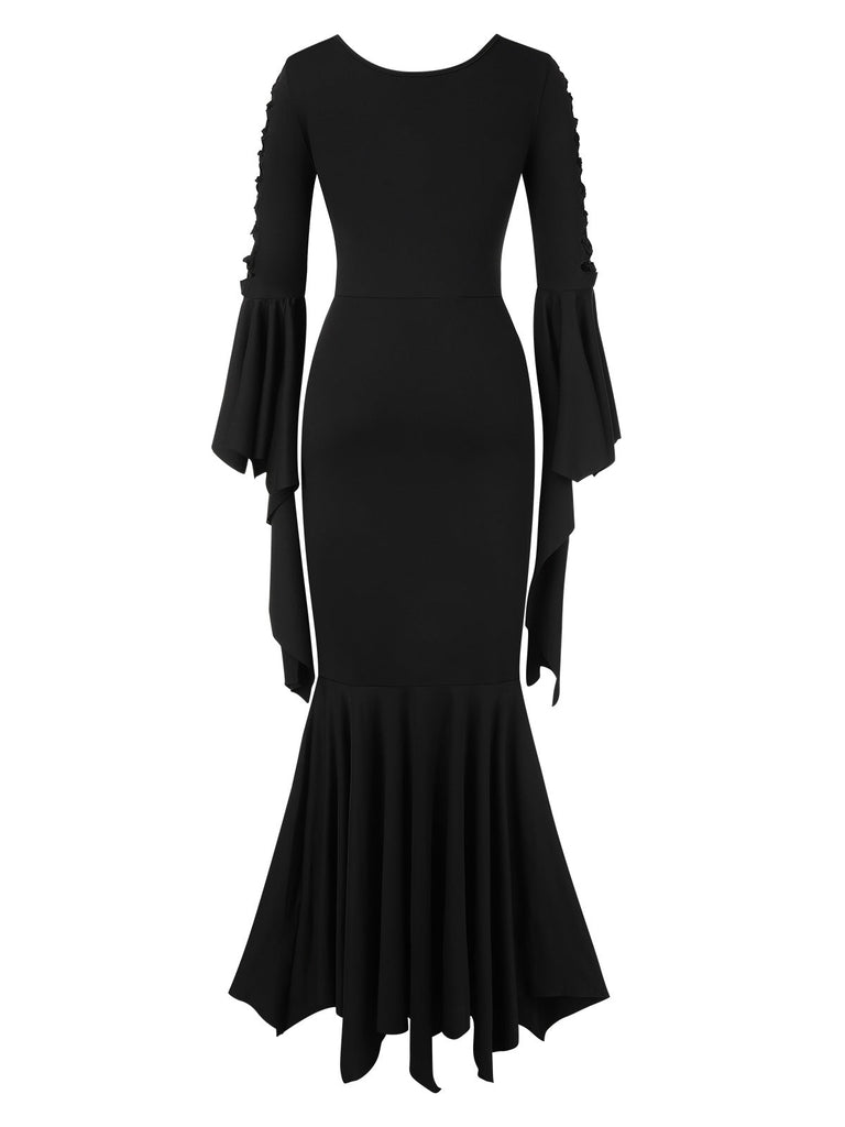 Robe sirène noire unie à lacets manches chauve-souris des années 1930