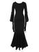 Robe sirène noire unie à lacets manches chauve-souris des années 1930
