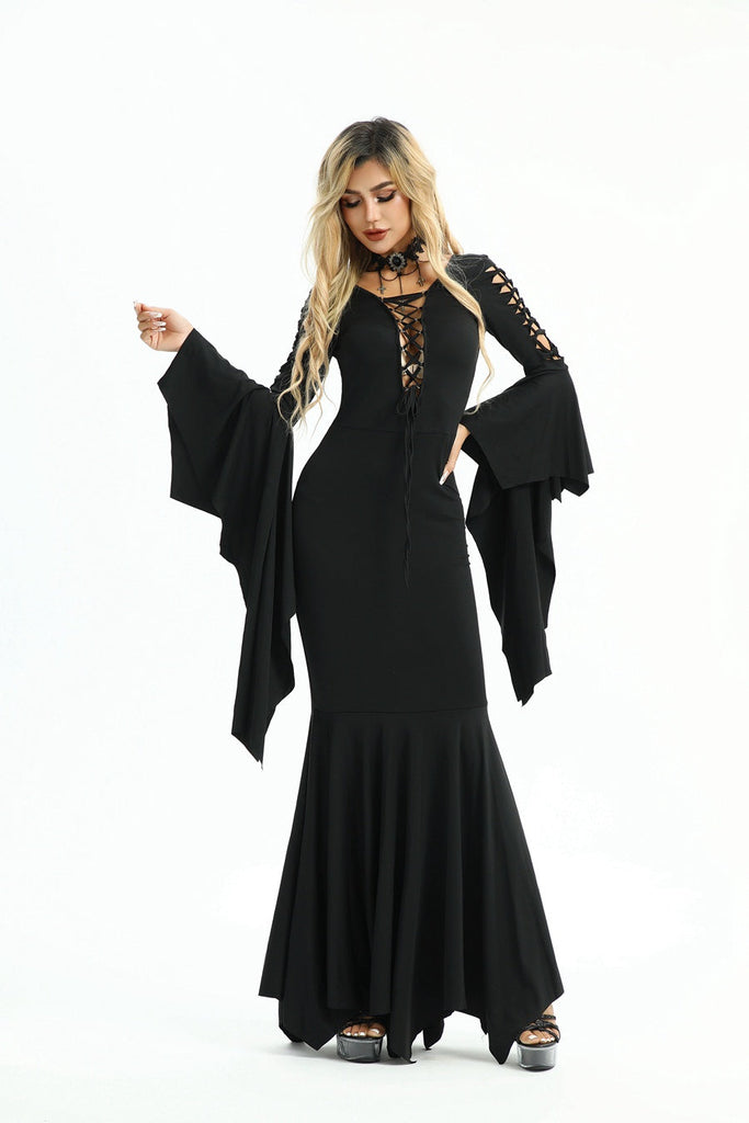 Robe sirène noire unie à lacets manches chauve-souris des années 1930