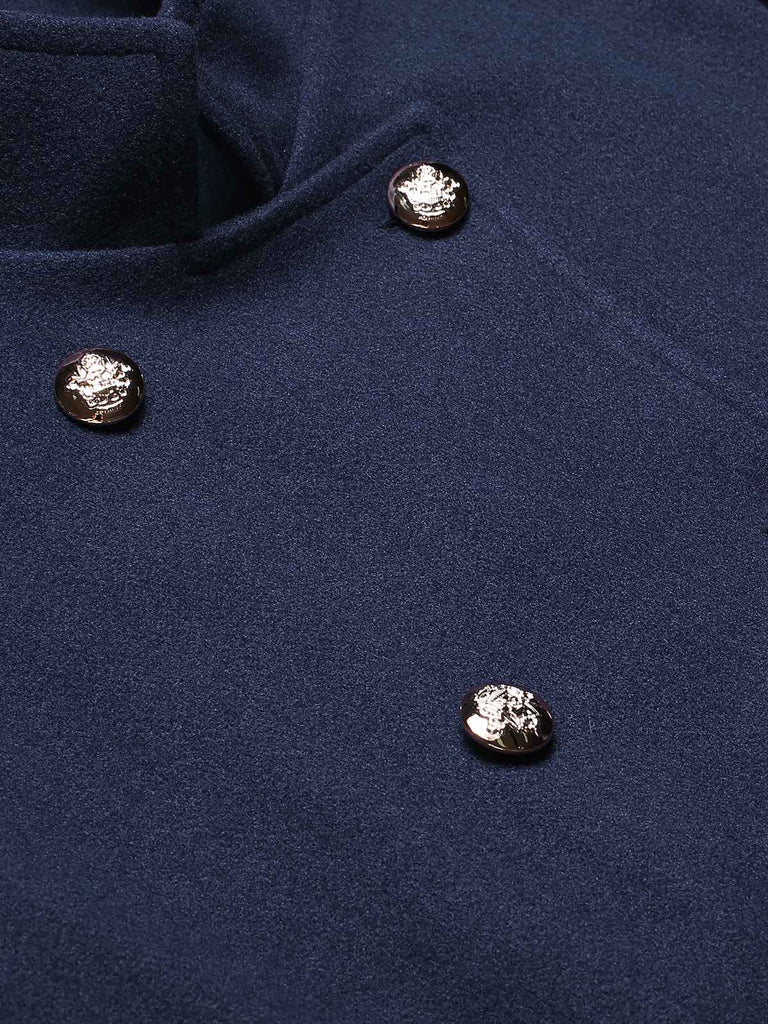 Manteau croisé bleu uni à col montant des années 40