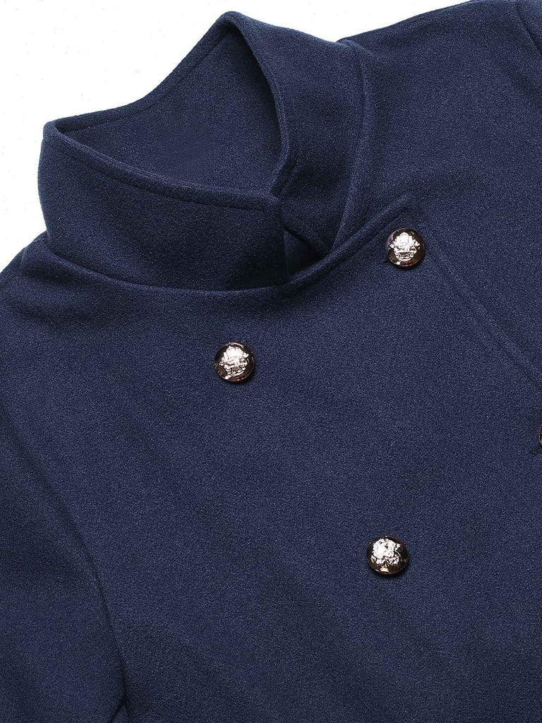 Manteau croisé bleu uni à col montant des années 40