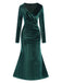 Robe en velours vert foncé à col en V des années 1930