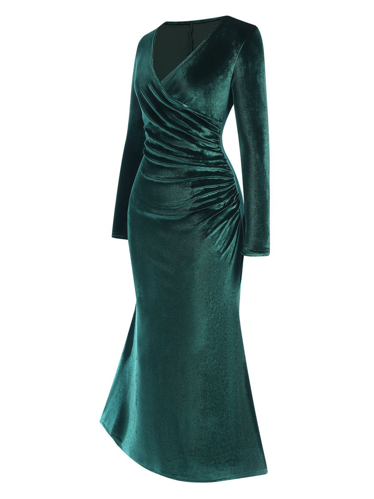 Robe en velours vert foncé à col en V des années 1930